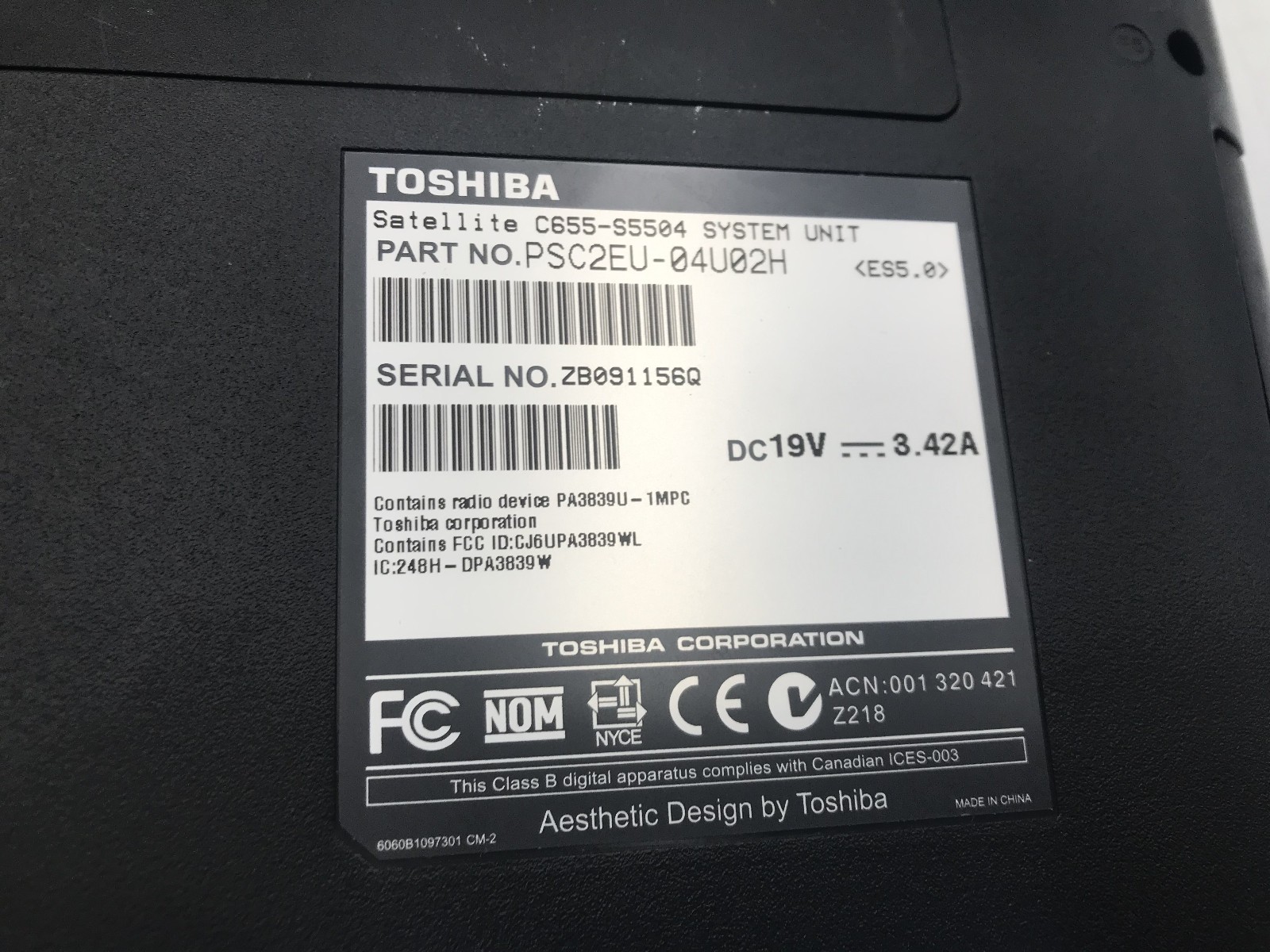 TOSHIBA SATELLITE C655 S5504 – BOOTS TO BIOS – INTEL PENTIUM B960 – 2GB RAM – BB