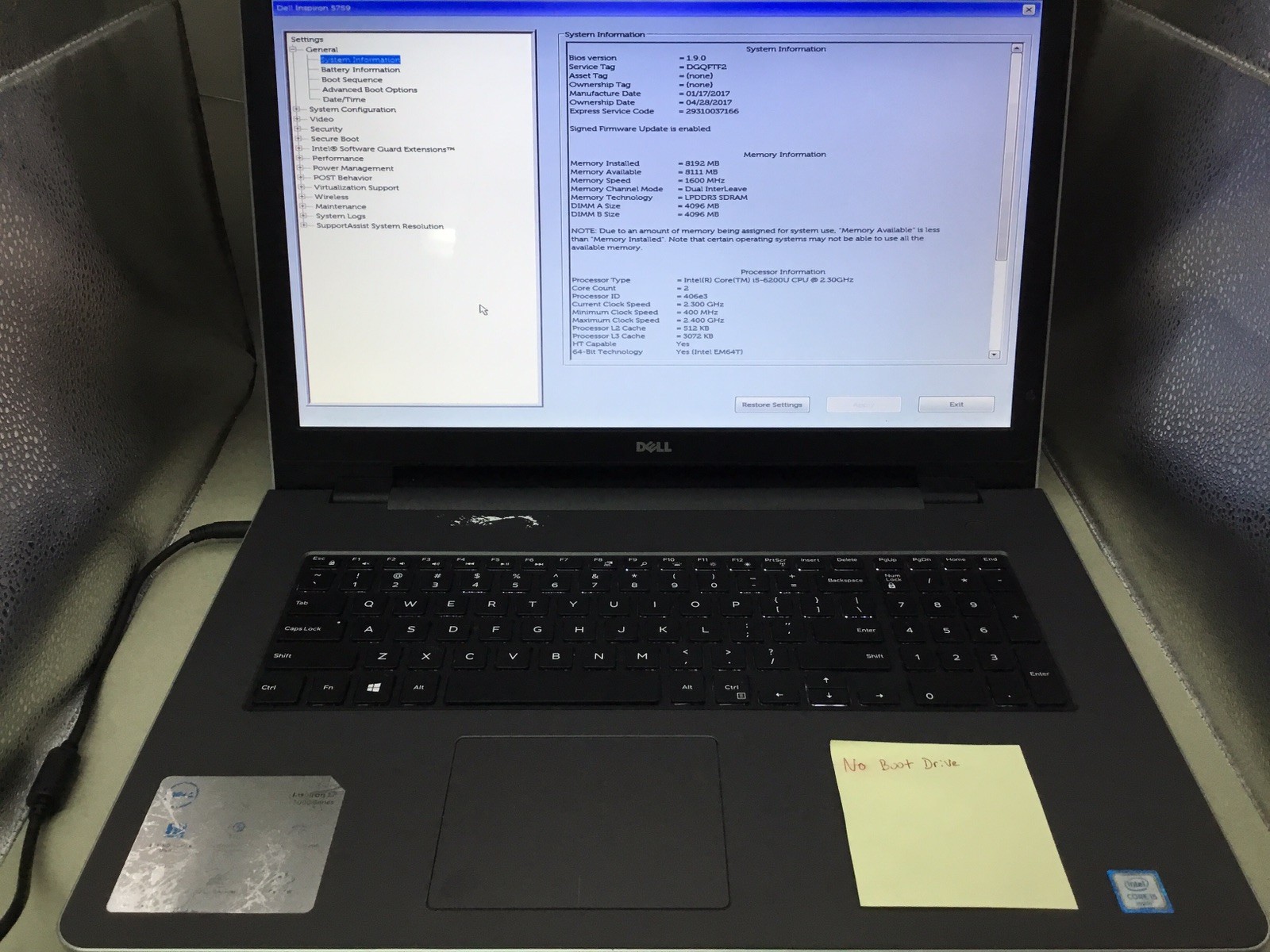 Dell Inspiron 5759 17.3″ Laptop w/ 8GB RAM i5-6200U CPU – No HDD/OS/NO BATTERY