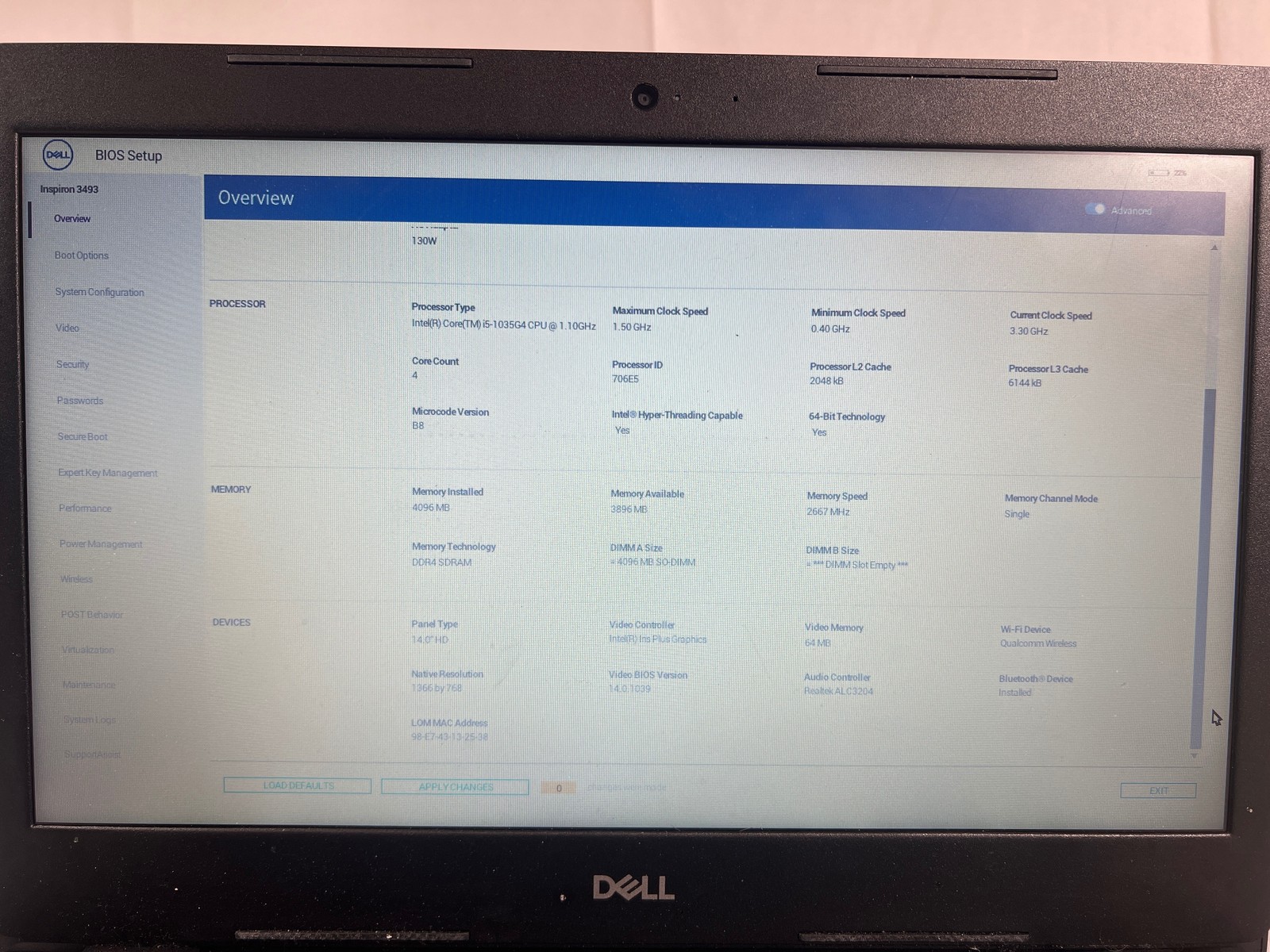 Dell Inspiron 3493 i5-1035G4 No Ram No Drive M2 Broken 14″ Parts
