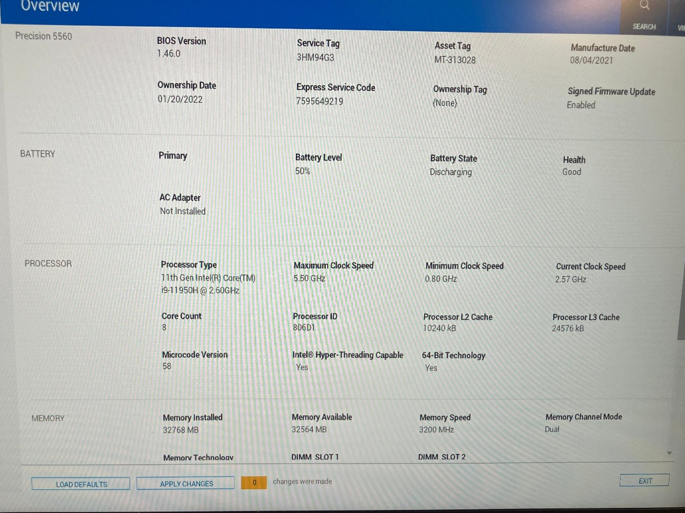 Dell Precision 5560 NVIDIA RTX A2000 4GB 2.6GHz Intel Core i9-11950H 32GB 1TB