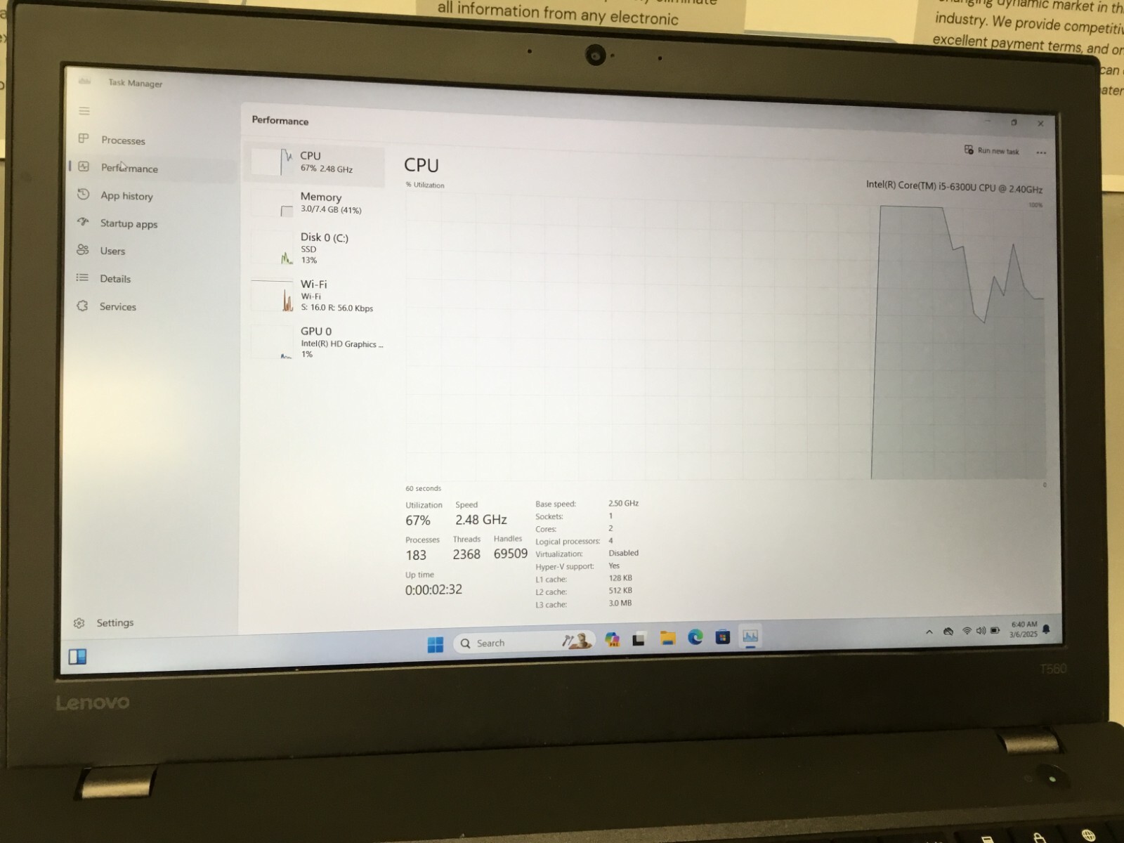 Lenovo Thinkpad T560 15.6” 256GB Core i5 6th Gen 2.40 GHz 8GB WIN 11 PRO