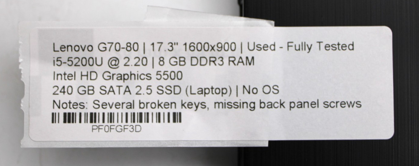Lenovo G70 i5-5200U@2.2GHz 8GB DDR3 240GB SATA SSD NO OS *USED/TESTED*