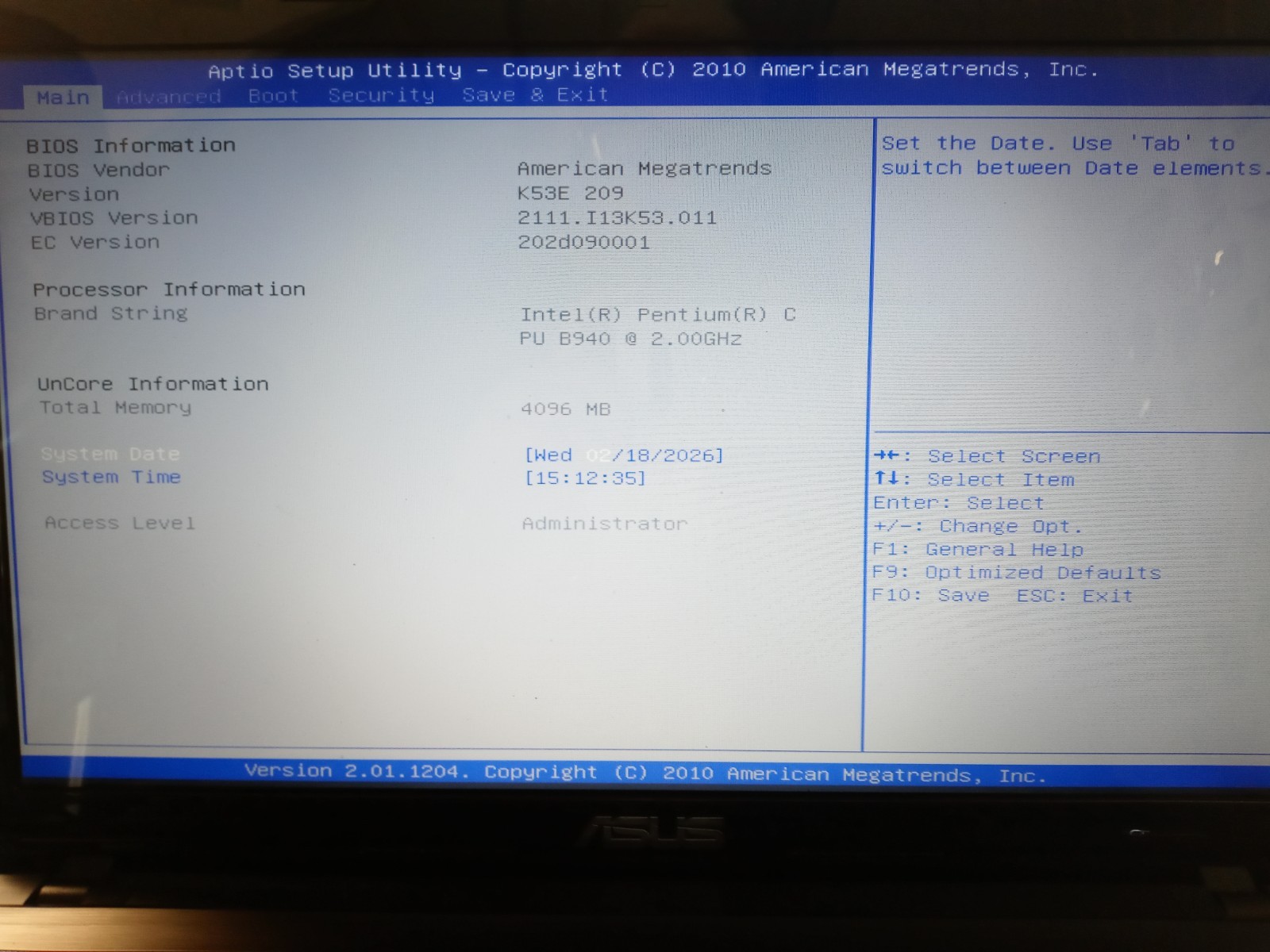 ASUS K53E Laptop FPONW 4GB PENTIUM B940 2.0GHZ No Charger/HD/OS VIEW PIC