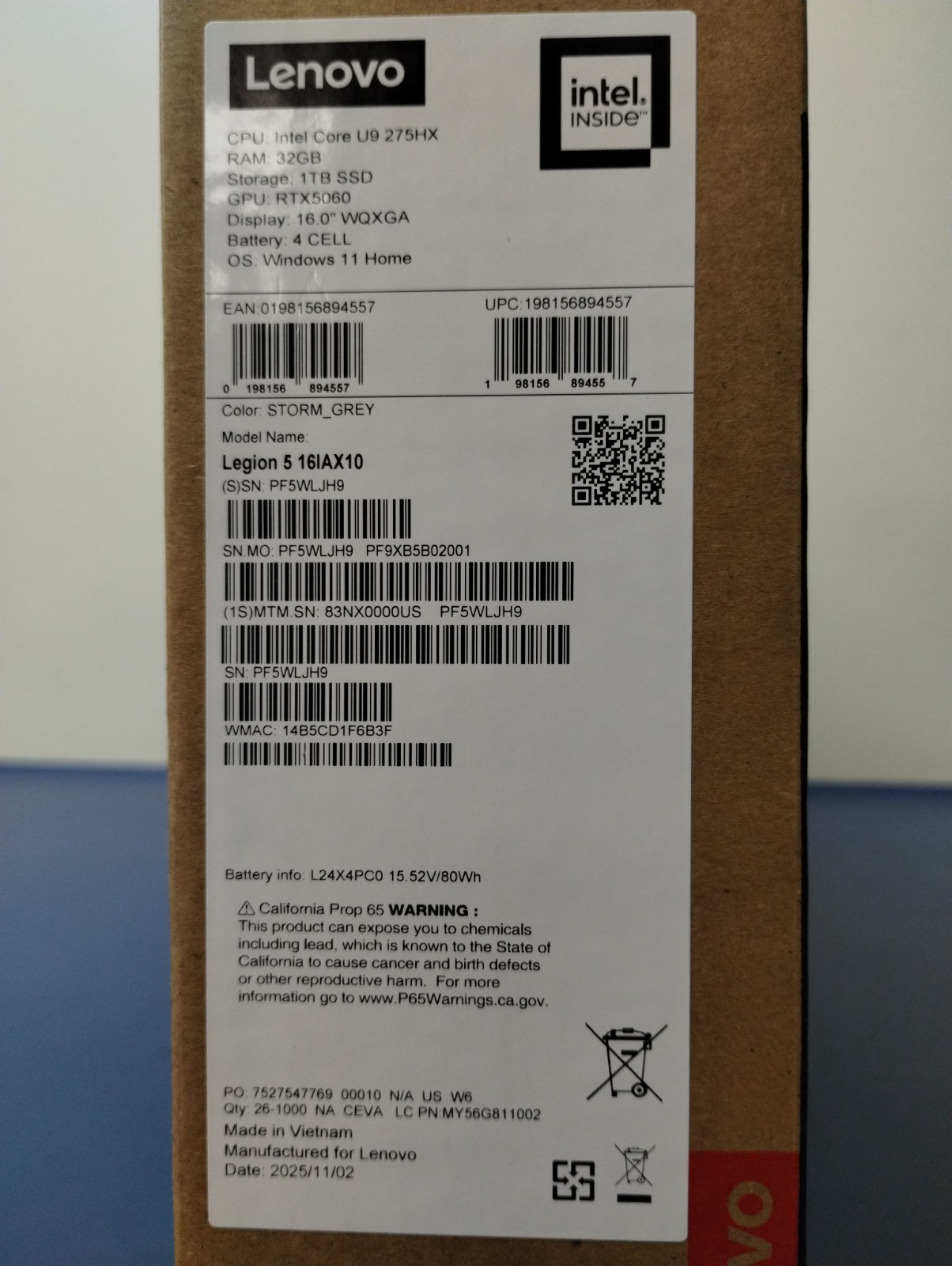 Lenovo Legion 5 16IAX10, Intel Core Ultra 9 275HX, 2.70 GHz 32 GB RAM, 1 TB NVMe