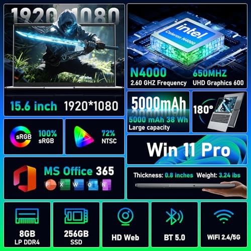 Laptop Computer 15.6″ Win11 Pro Laptops 8GB RAM 256GB Silver-8GB-256GB N4000