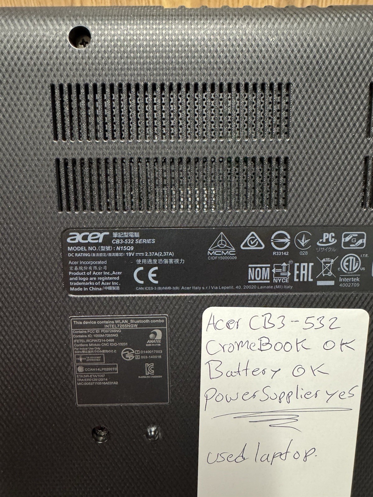 Acer Chromebook CB3-532 15.6” ChromeOS Battery OK Power Adapter Included
