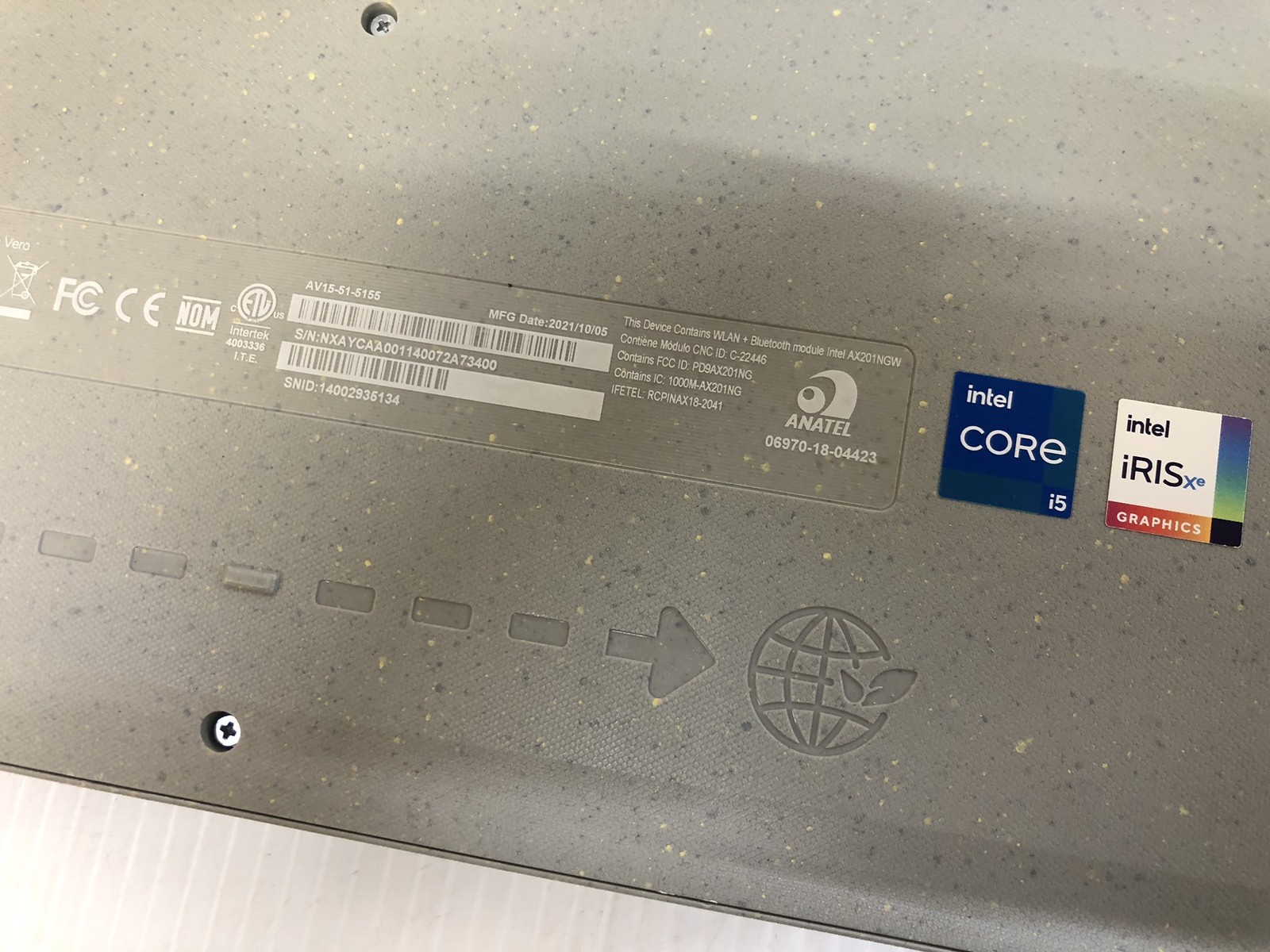 Aspire Vero AV15-51-5155 Green Laptop | i5-1155G7 | 8GB | NO SSD/OS *Bad Hindge*