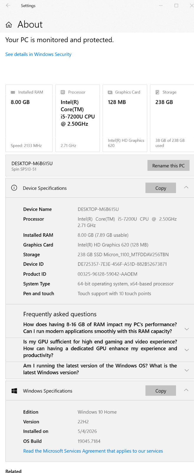 Acer Spin 5 laptop SP513-51-57TP 13.3″ i5-7200U 8GB RAM 256GB SSD