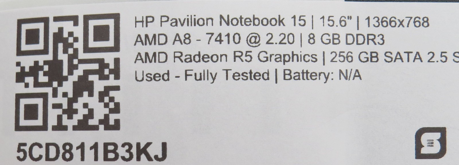 HP Pavilion 15 | A8-7410 @ 2.2GHz | 8GB DDR3 | 256GB SATA SSD | 15.6″ | No OS