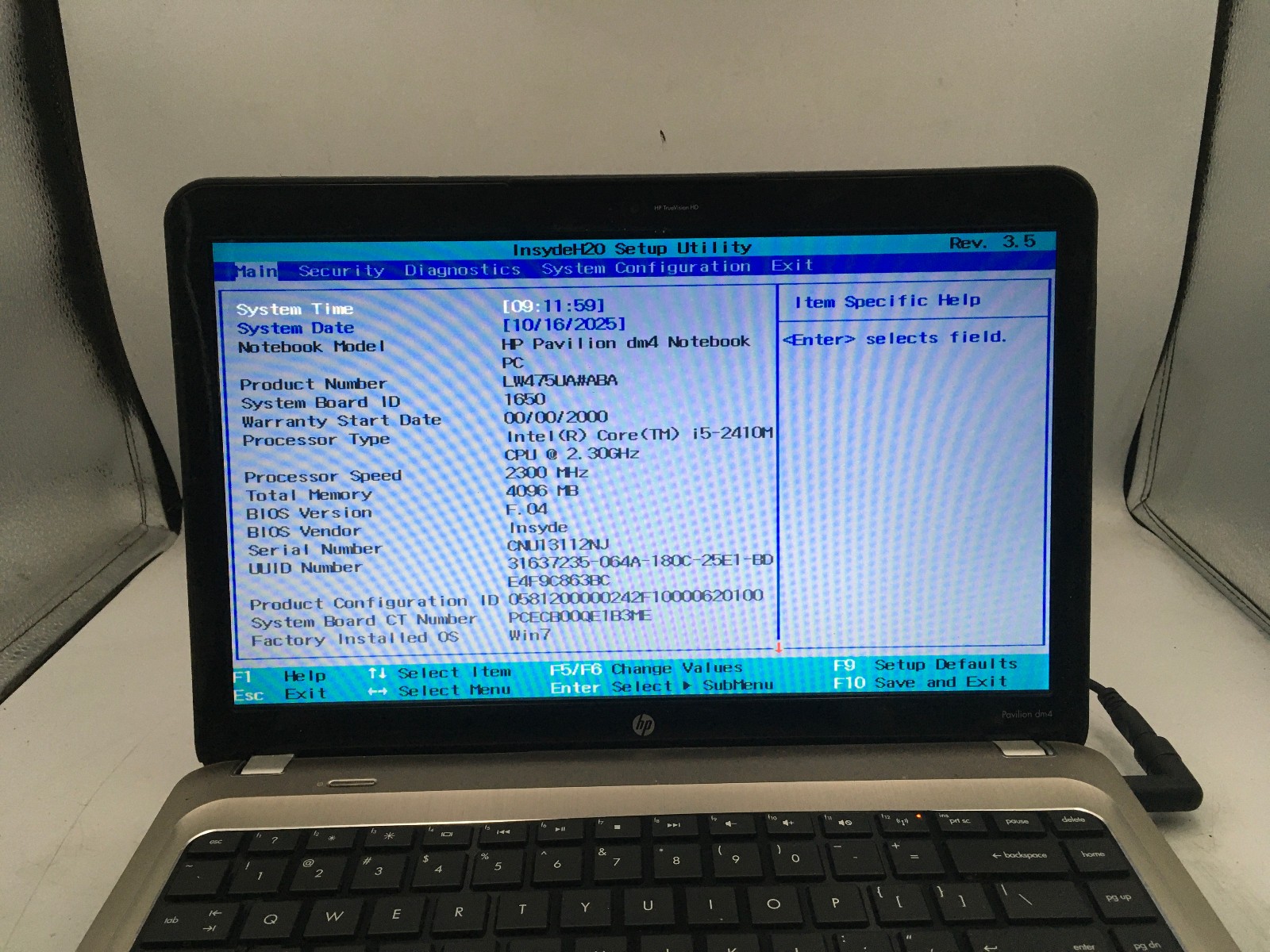 HP PAVILION DM4 2070US – BOOTS TO BIOS – INTEL I5 2410M – NO RAM – READ DESC-BB