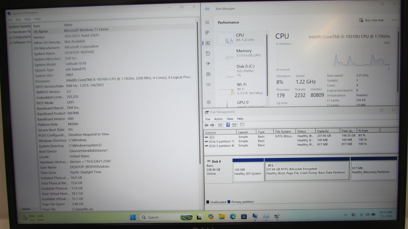 Dell Latitude 5510 i5-10310U 1.7GHz 16GB RAM 256GB NVME 15.6″ Win 11 Home DMG