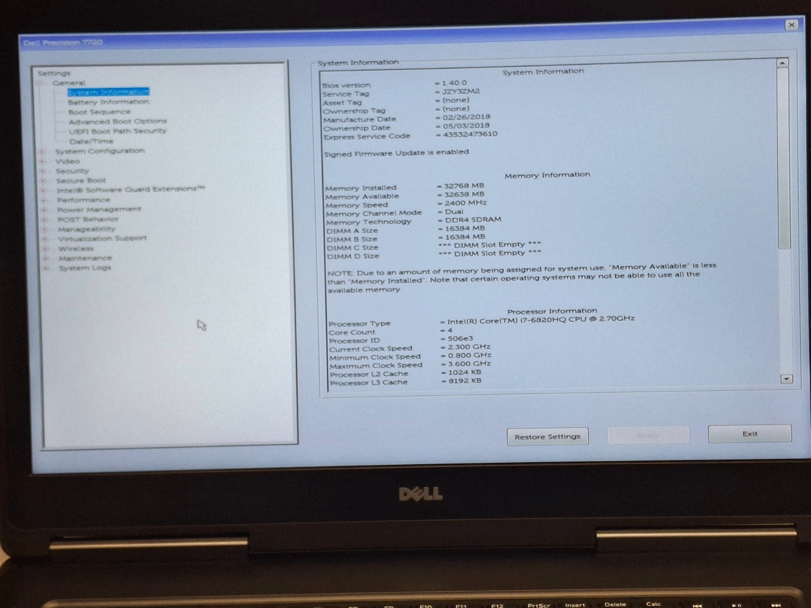 DELL PRECISION 7720 I7-6820HQ 256GB SSD 32GB RAM NVIDIA QUADRO M1200 Win 10 Pro