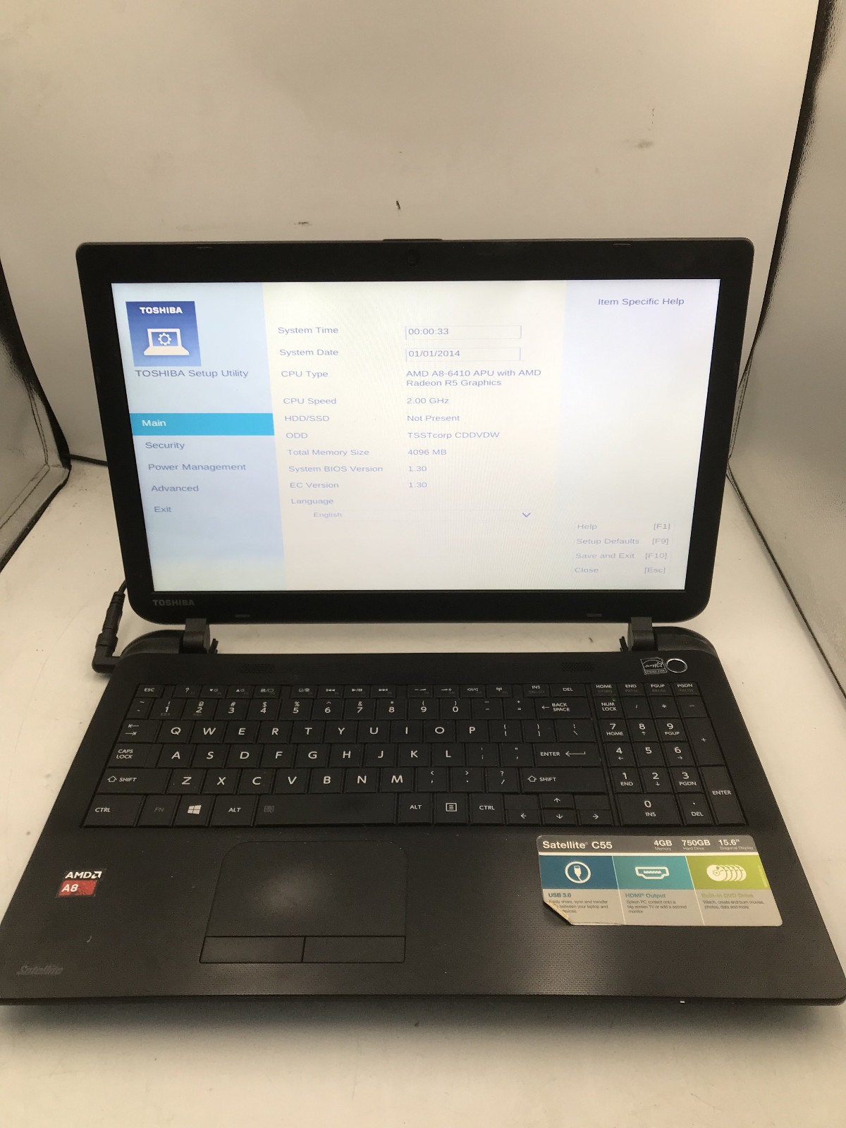 TOSHIBA SATELLITE C55D B5206 – BOOTS TO BIOS – AMD A8 6410 – 4GB RAM – READ – BB