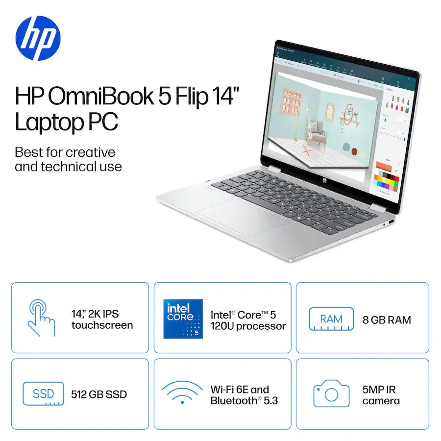 HP OmniBook 5 Flip TOUCHSCREEN 14-FP0013DX 14″2K INTEL CORE 5 120U 8GB 512GB SSD