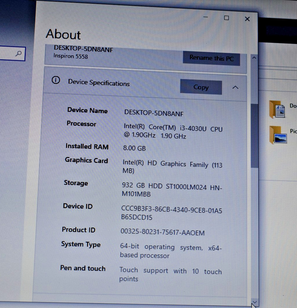 Dell P51F Laptop Intel i3-4030U @1.9Hz, 1 TB HDD, 8 GB RAM, WINDOWS 10, DVD