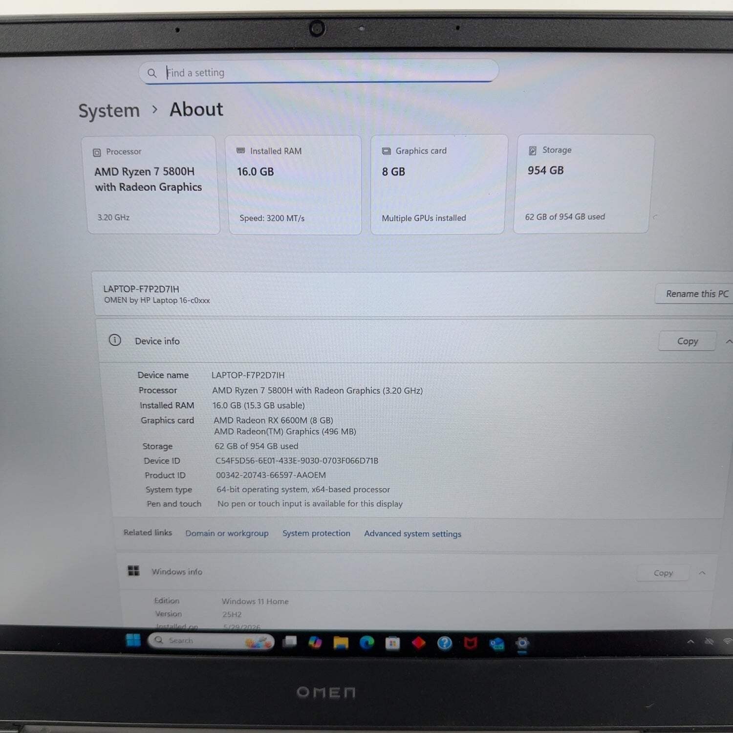 HP Omen 16-C0020CA 16″ Ryzen 7 5800H 1.8GHz 16GB RAM 1TB SSD AMD Radeon RX 6600M