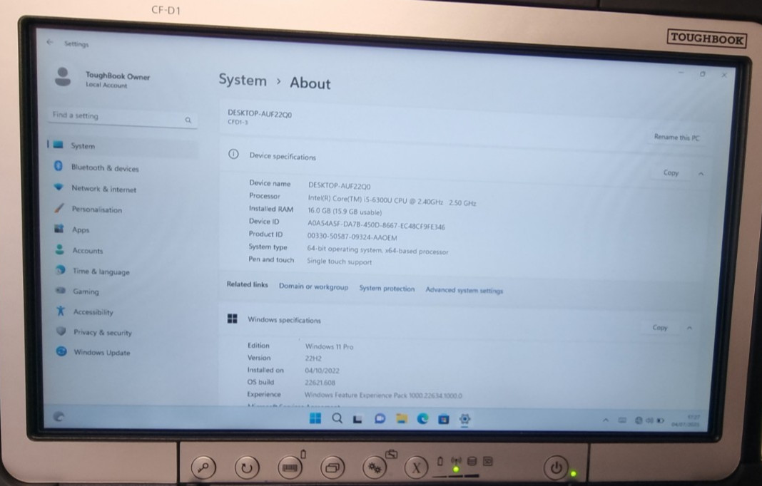 PANASONIC TOUGHBOOK CF-D1 MK3 i5-6300U 2.40GHZ 16GB 1TB SSD XENTRY TABLET 290HRS