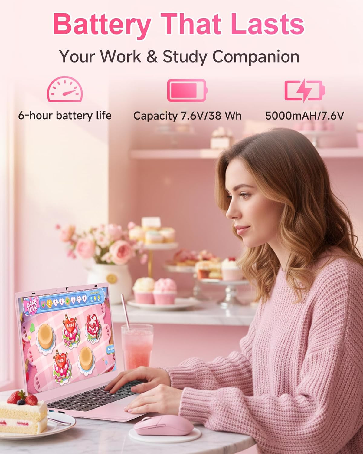 Pink Laptop Computer for Students, 15.6 Inch FHD IPS Display, 12GB RAM 256GB SSD
