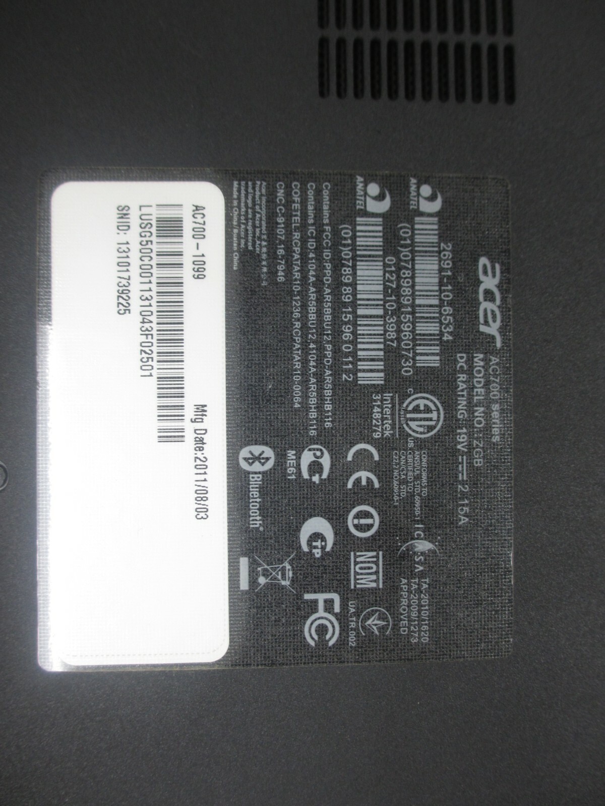 Acer Chromebook AC700 Intel Atom N570 1.66GHZ 2GB 16GB Chrome OS Laptop NO AC