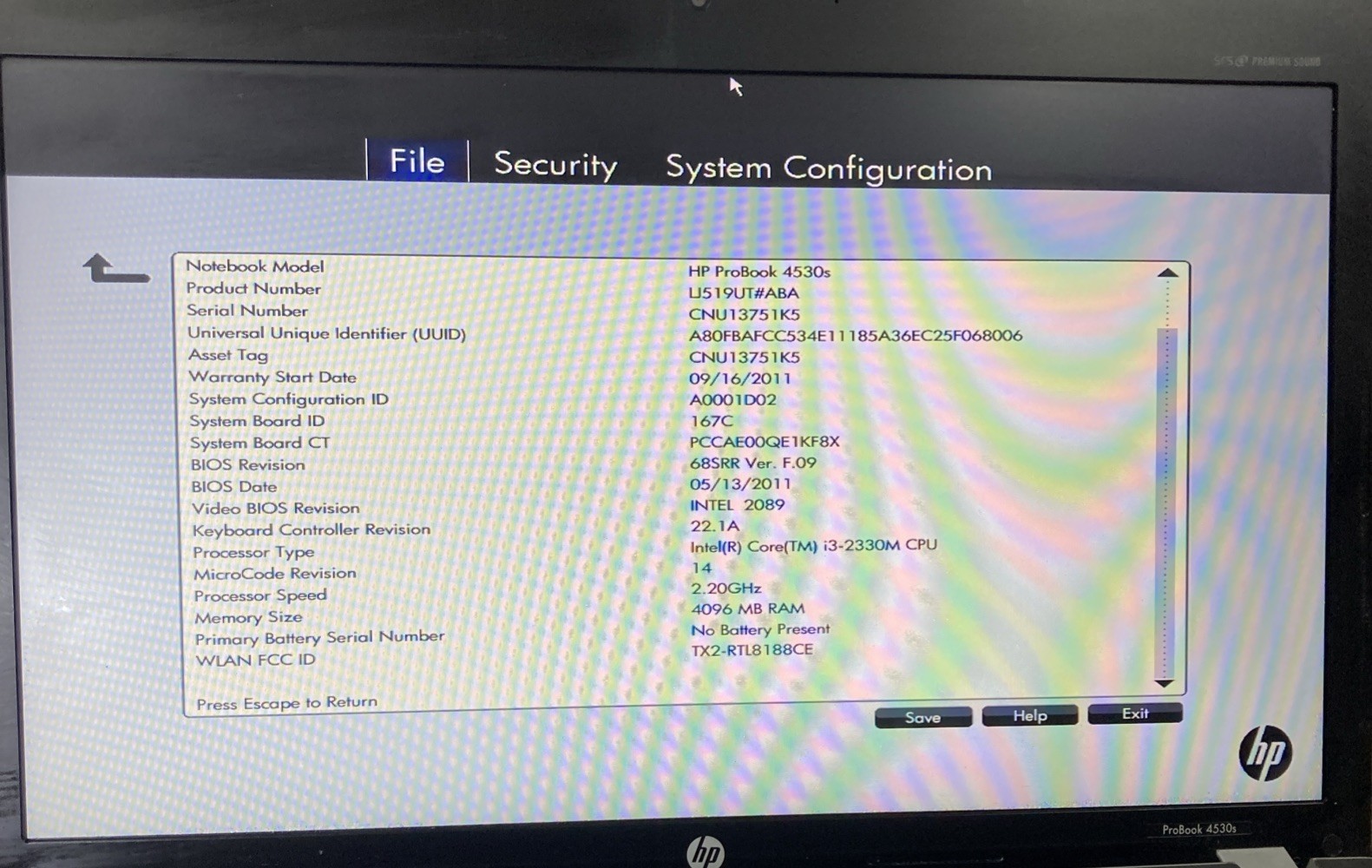 HP ProBook 4530s Intel Core i3-2310M 2.10GHz no RAM NO HDD boot to BIOS