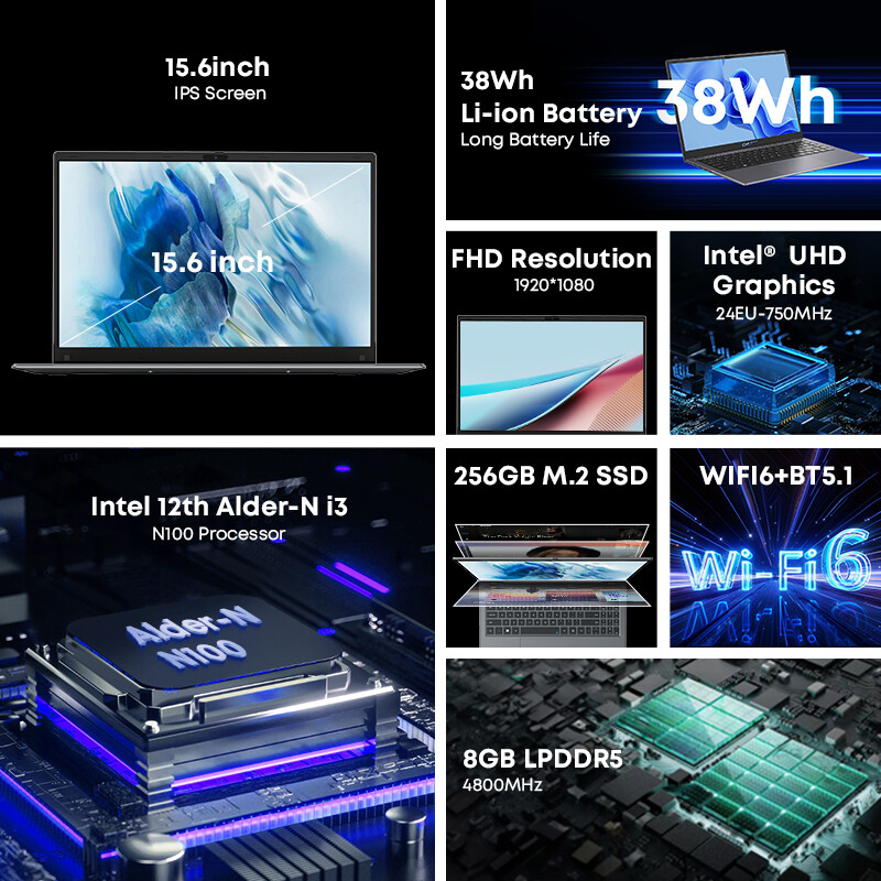 CHUWI 15.6in Laptop GemiBook Plus NOTEBOOK COMPUTER Intel N100 8GB 256GB WIN 11