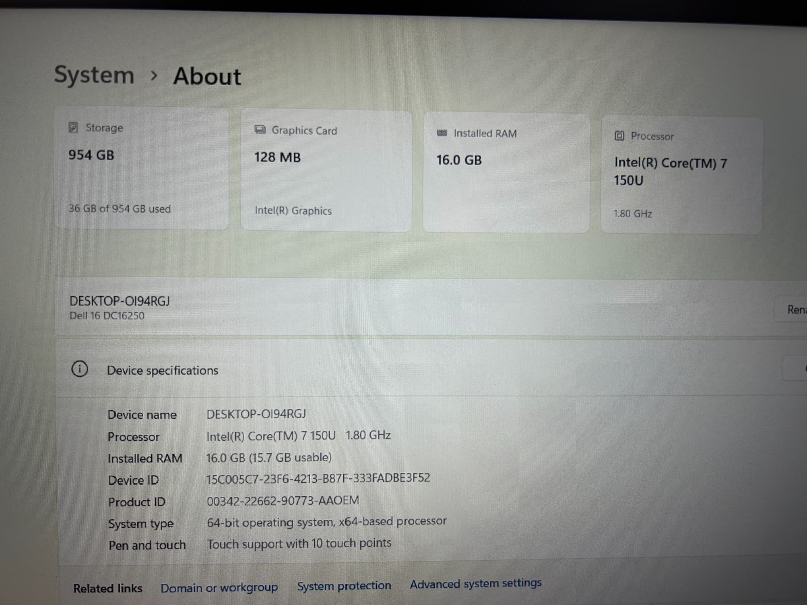DELL 16 DC16250 MRYT3, Intel Core 7-150U, 1.80 GHz, 16 GB RAM, 1 TB NVMe SSD