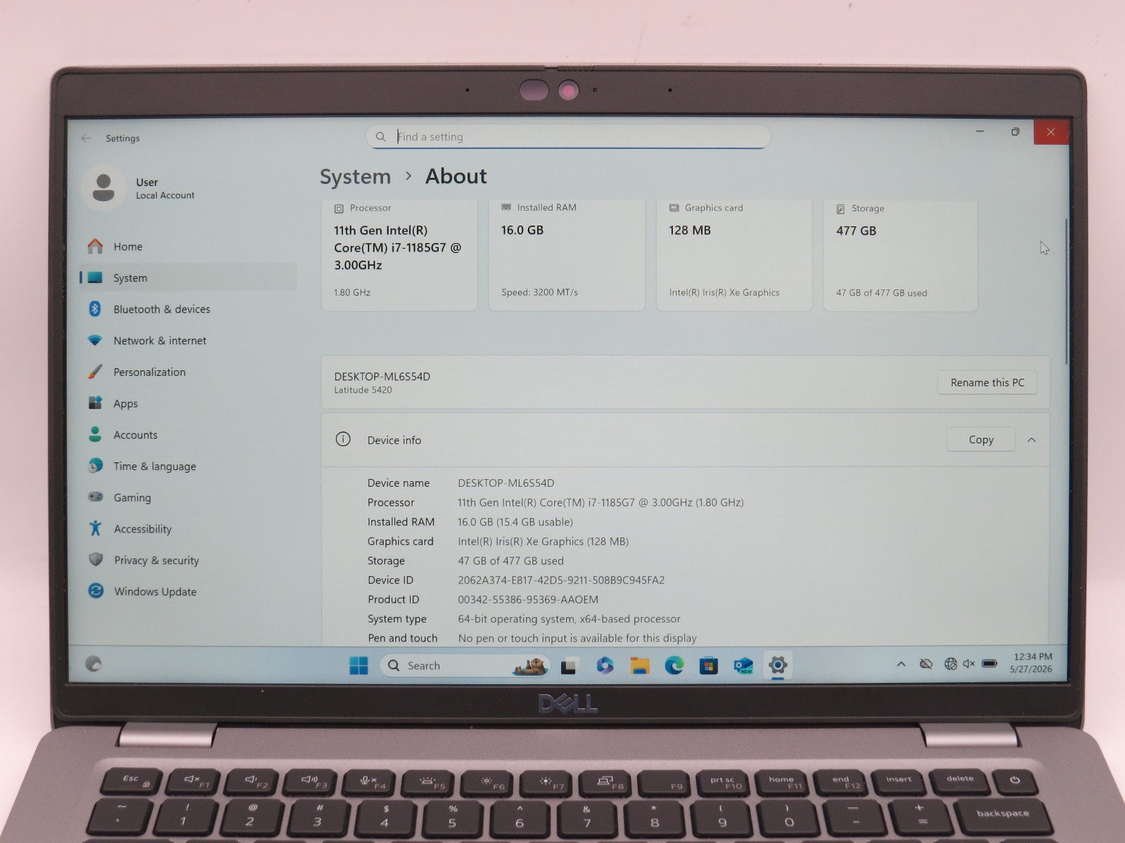 Dell Latitude 5420 i7-1185G7 @ 3GHz 16GB DDR4 512GB m2 14″ Win 11