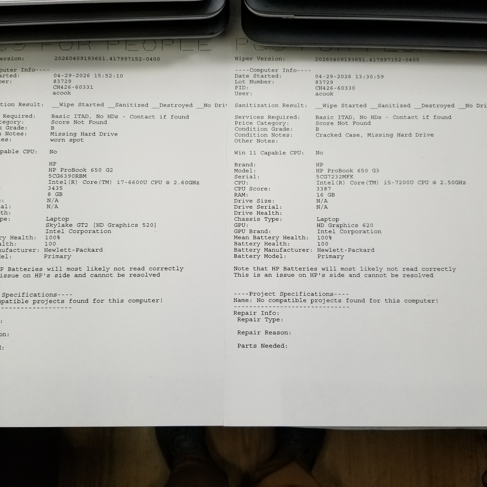 Lot of (6) HP ProBook 650 G2/G3 Laptop Intel Core i5 / i7 Mixed Specs