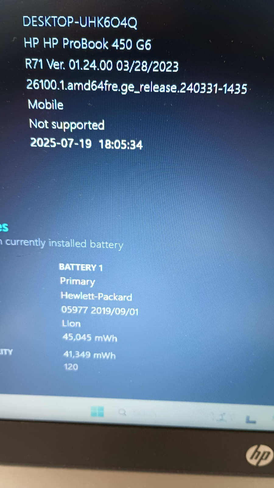 7197 ProBook450 G6 (Bios Lock!!) w/charger.i3-8145U.8GB.128GB M.2.15.6″.W11 Pro