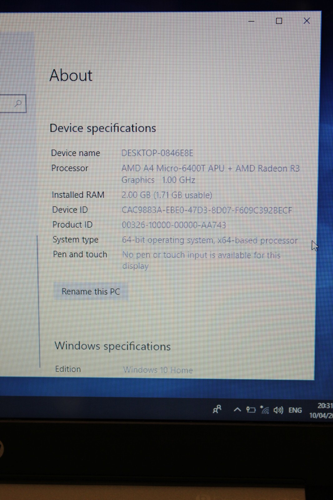 HP 14-Z050SA AMD A4 MICRO-6400T 2GB RAM 32GB eMMC LAPTOP COMPUTER DAMAGED SCREEN