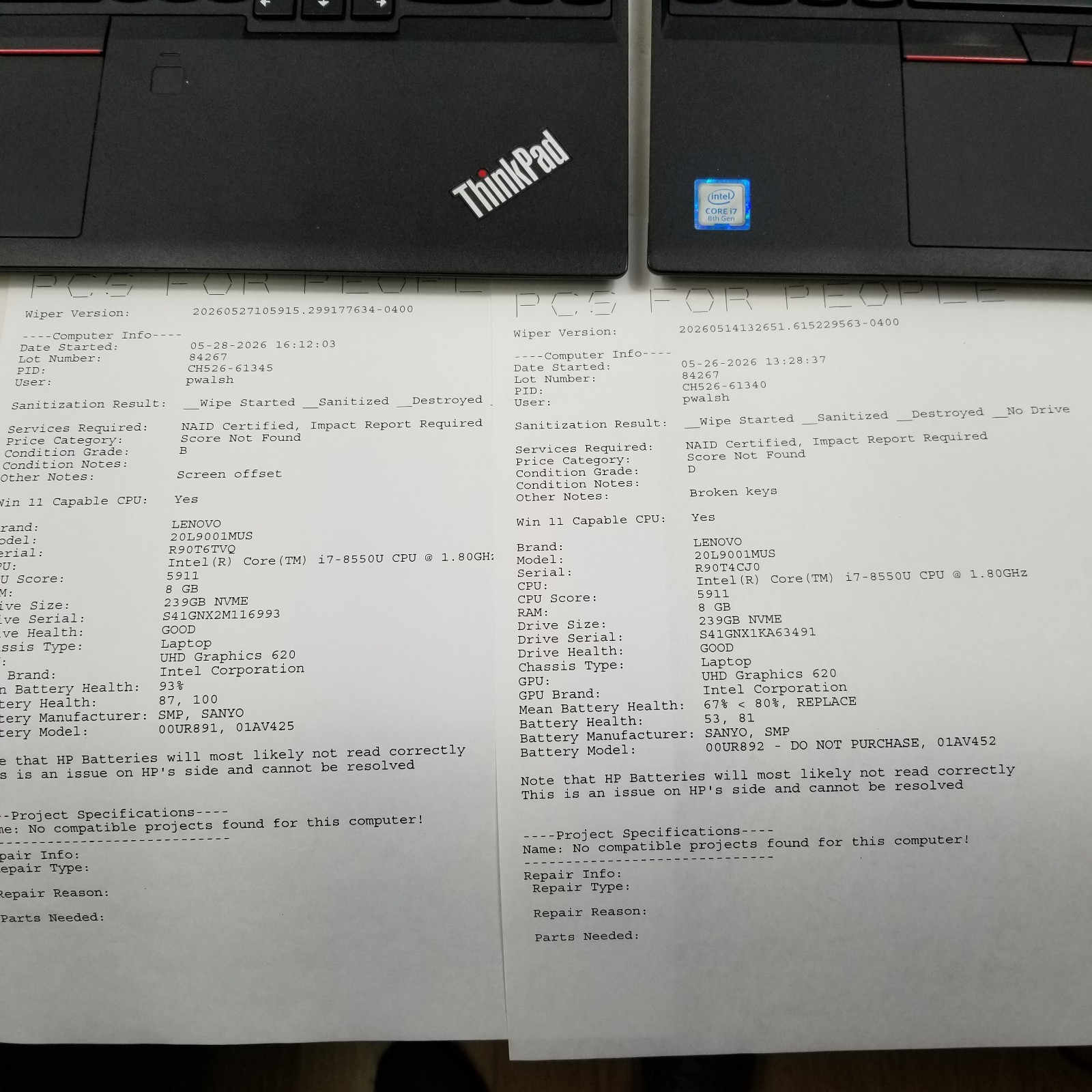 Lot of 7 Lenovo ThinkPad T580 Mixed Specs i5 / i7 for Parts or Repair *Read*