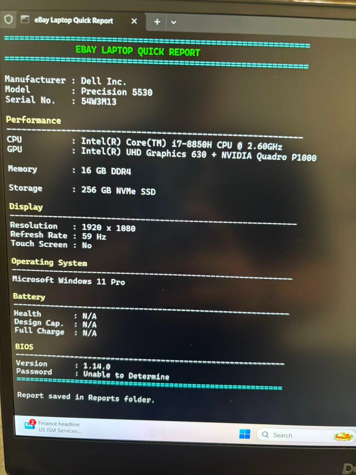 Dell Precision 5530 15″ i7-8850H P1000 16GB RAM 256gb NVME Win11 NO BATTERY