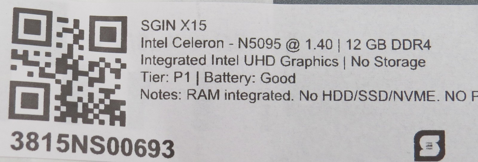 SGIN X15 | Celeron N095 @ 1.4GHz | 12GB DDR4 | 15.6″ | No HDD/OS/AC PARTS