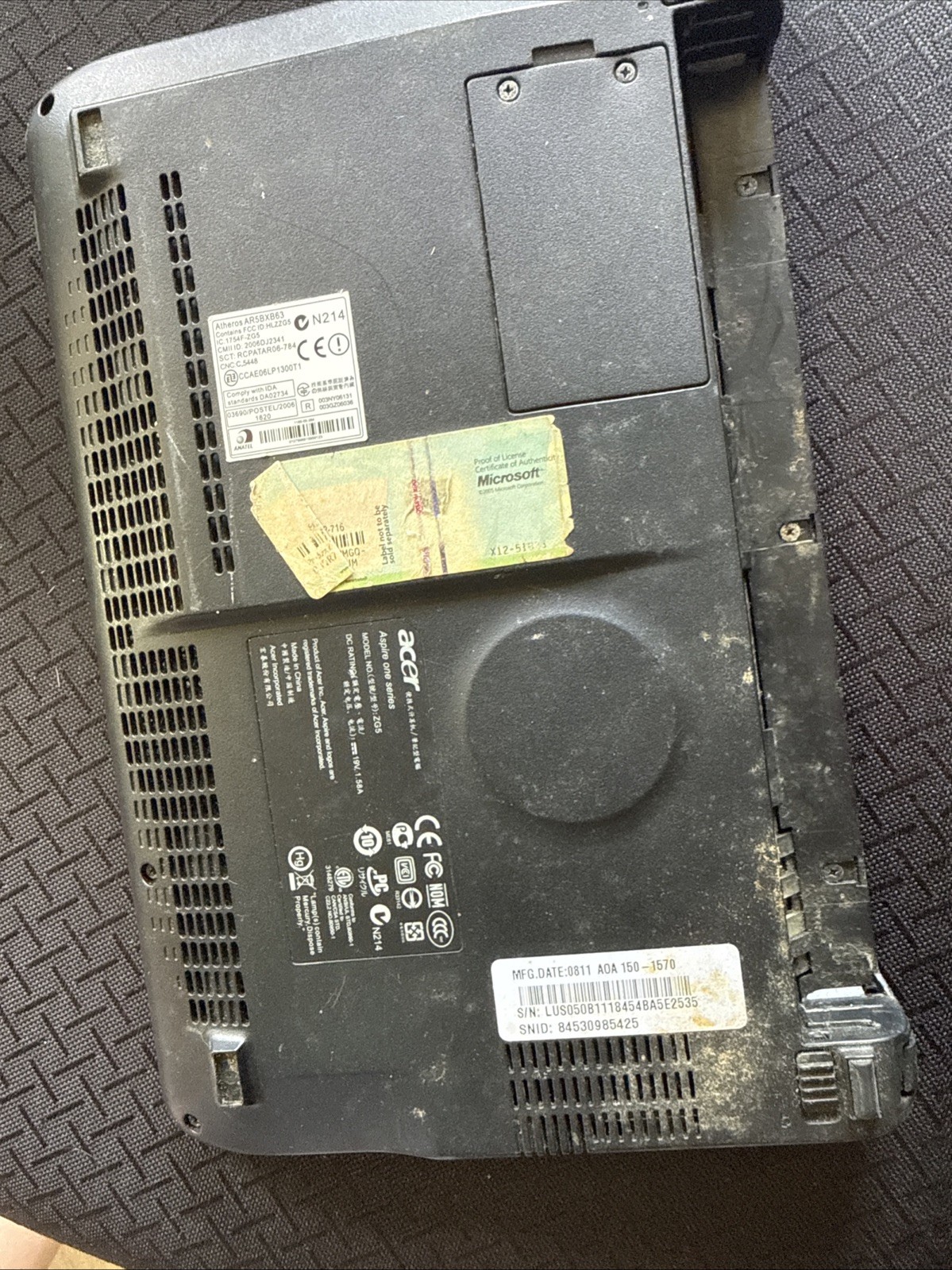 Acer Aspire One Series Model ZG5 For Parts Only