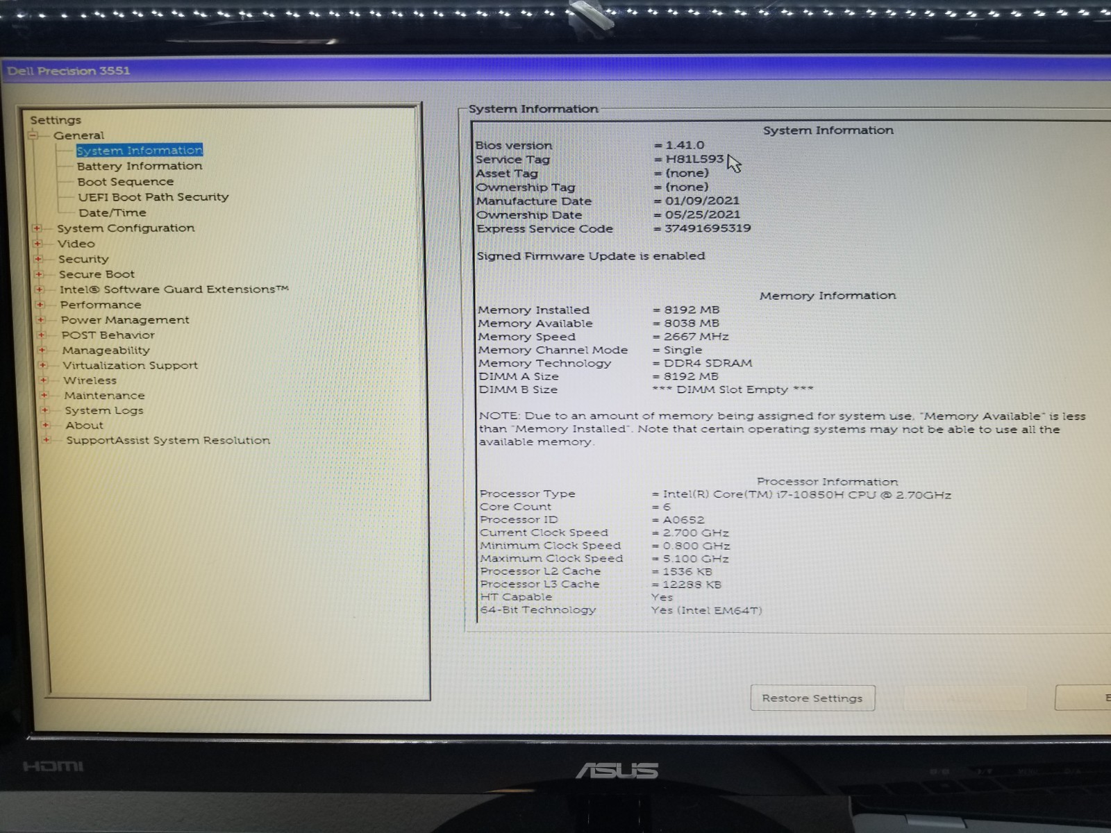 AS-IS Dell Precision 3551 15.6″ i7-10850H 2.7GHz 8GB RAM 256GB NVMe Win11P READ