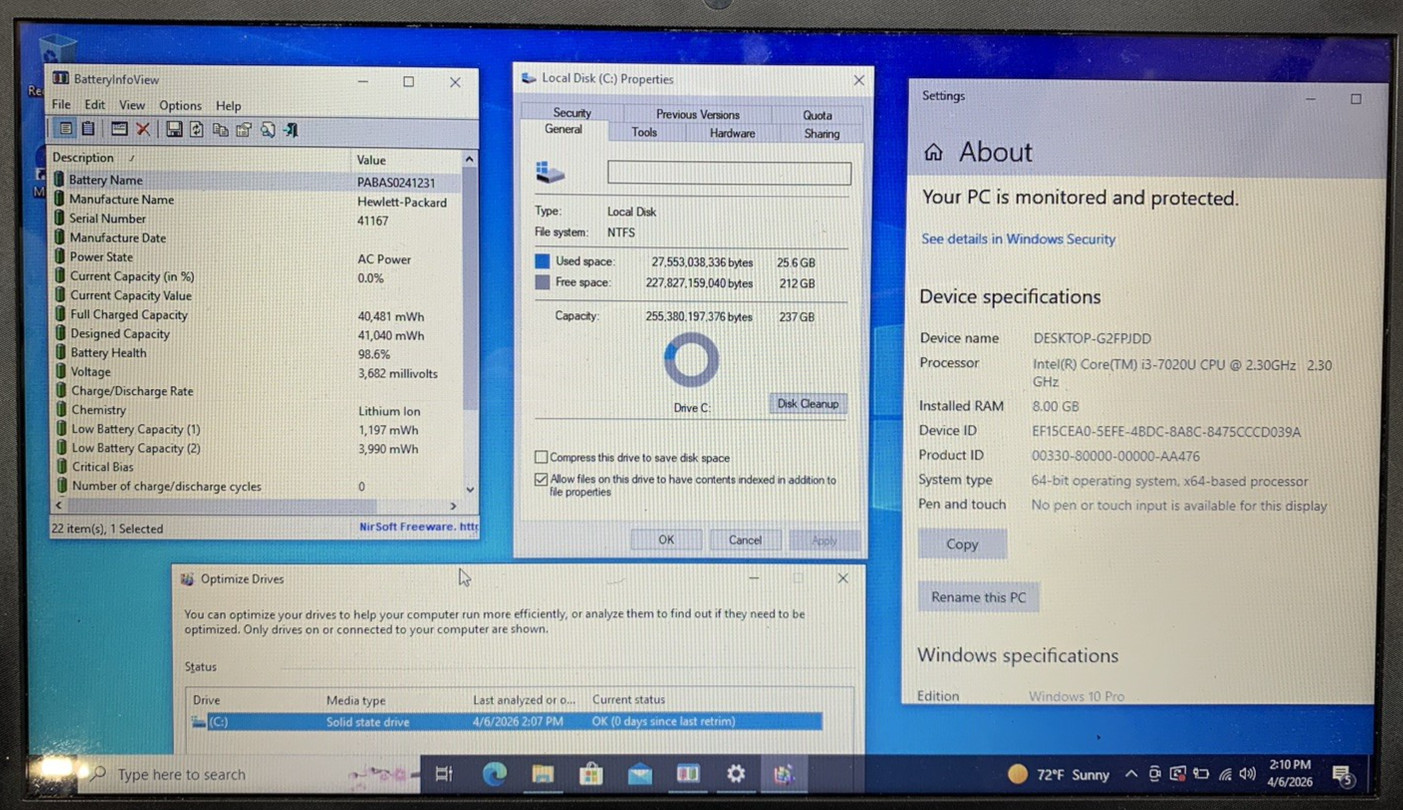 HP Laptop 15-da0xxx 15 Intel Core i3-7200U@2.30GHz 8GB RAM 256GB SSD WIN 10P