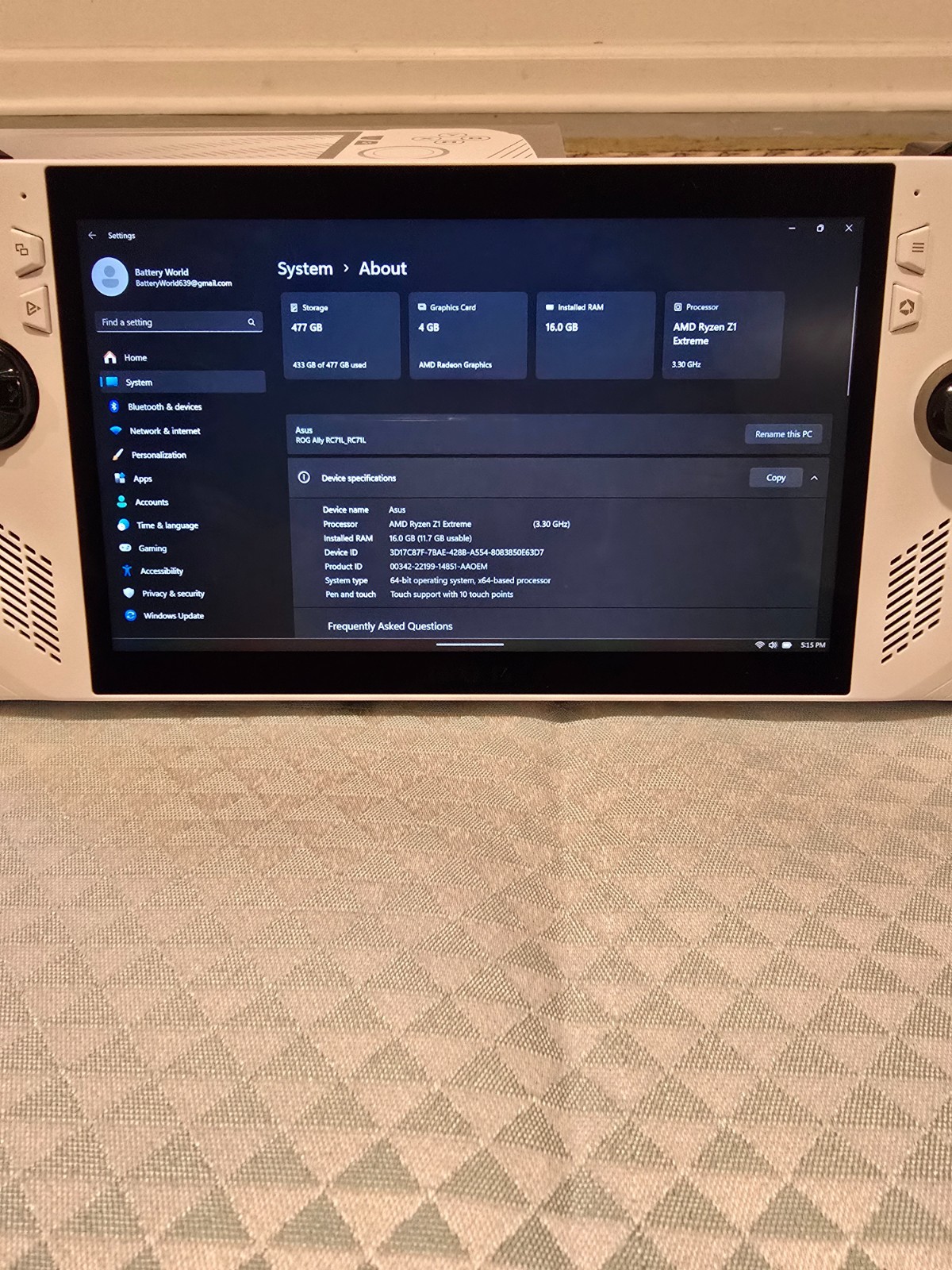 ASUS ROG Ally 120Hz 7” (AMD Ryzen Z1 Extreme, 512GB SSD, 16GB RAM, Win 11).