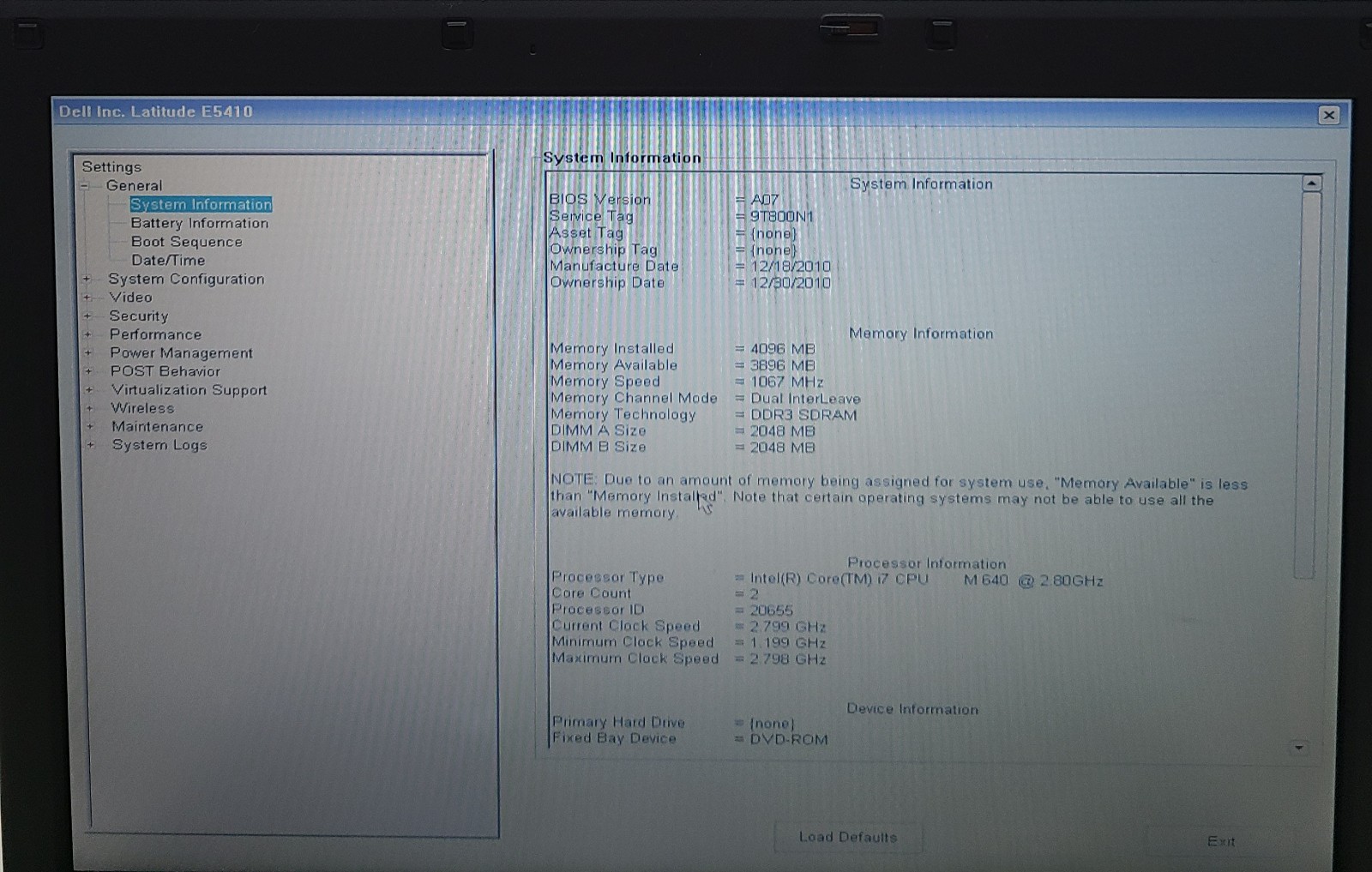 Dell Latitude E5410 Laptop Intel i7 M640 4GB Ram NO HD/OS (FL)