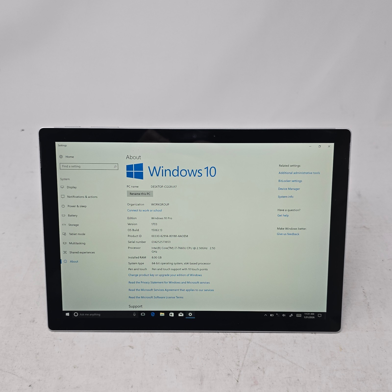 Microsoft Surface Pro 5 1796 Intel Core i7-7660U Cpu@ 2.50GHz. Ram 8GB. 256GB