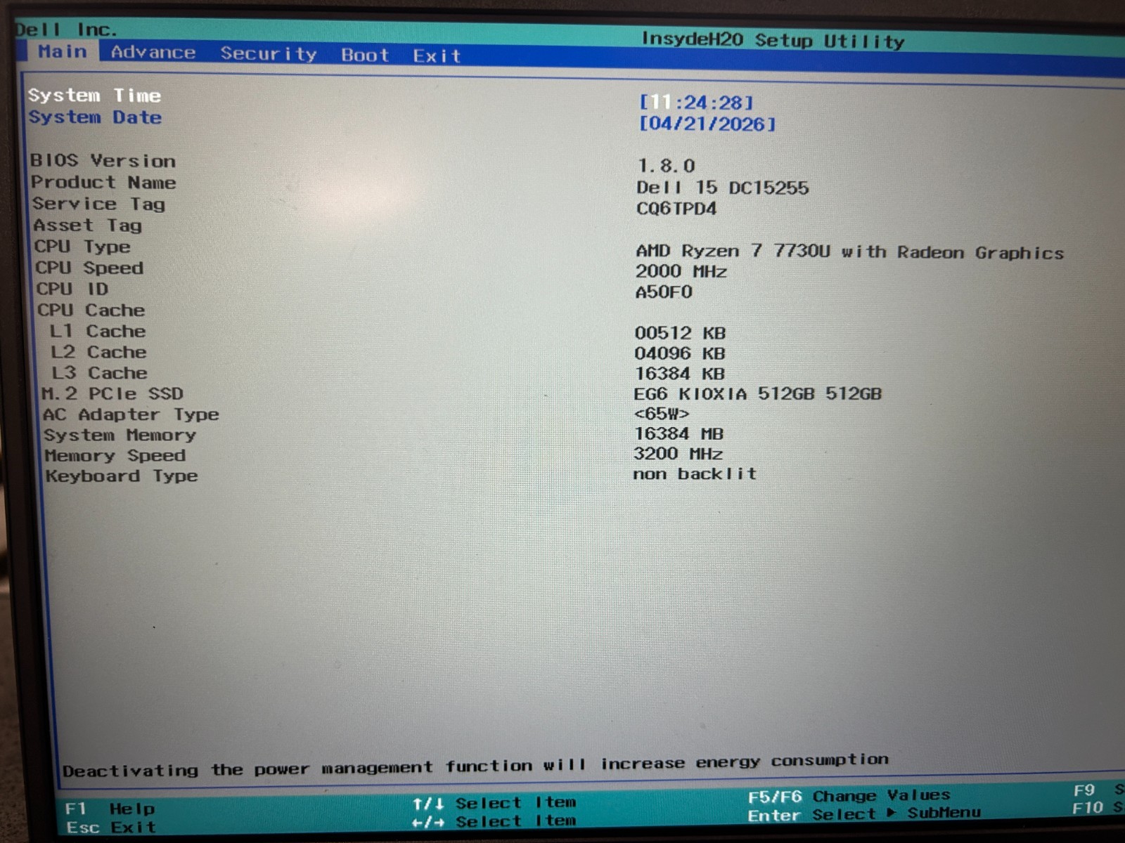 DELL 15 DC15255 G8MK9, AMD Ryzen 7 7730U, 2.00 GHz, 16 GB RAM, 512 GB NVMe