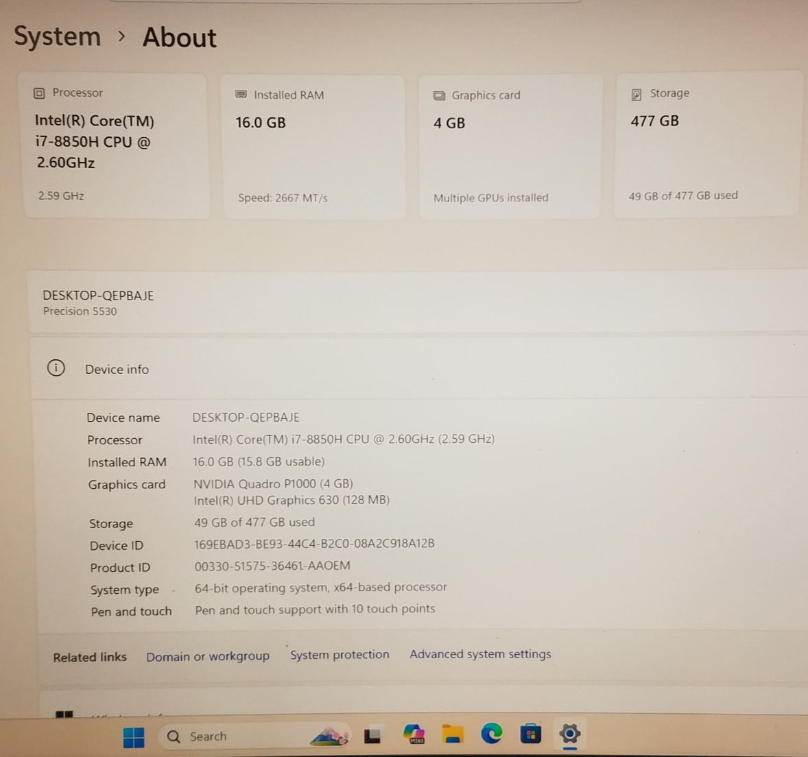 Dell Precision 5530, 15.6″, i7-8850H@2.6GHz, 16GB, 512GB NVMe, Windows 11, No AC