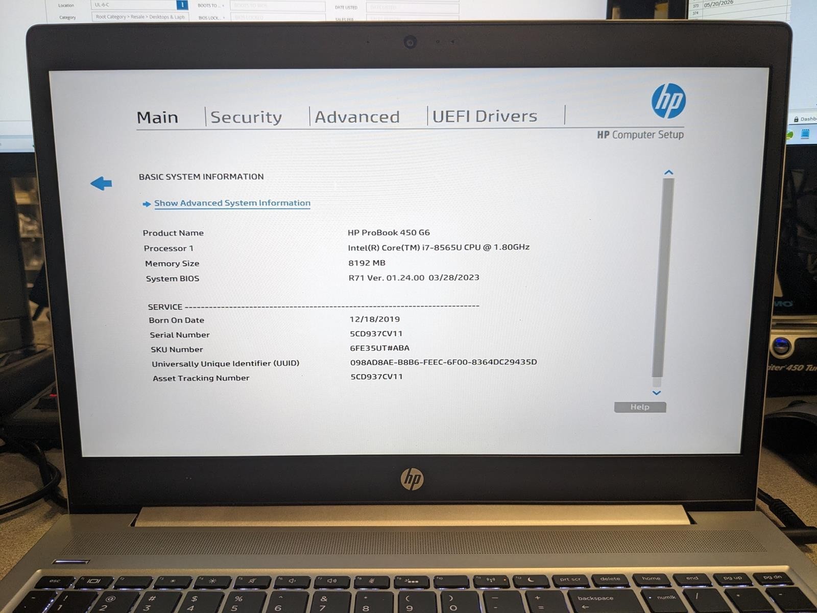 HP PROBOOK 450 G6 i7-8565U @ 1.80GHz, 8GB RAM, NO HDD/OS