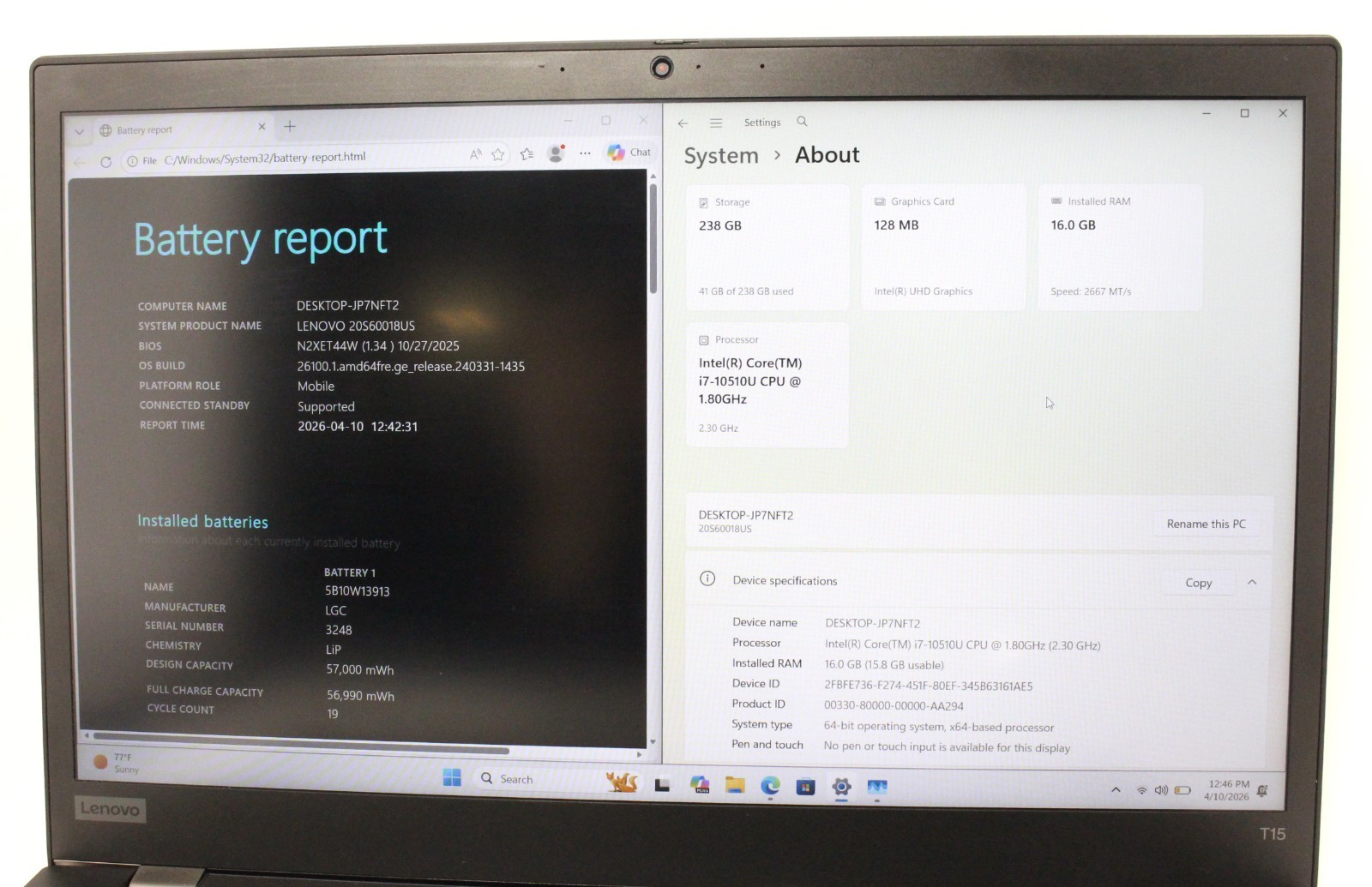 Lenovo Thinkpad T15 Gen 1 15″ 1.80 GHz i7-10510U 256GB SSD 16GB RAM ; 6176805