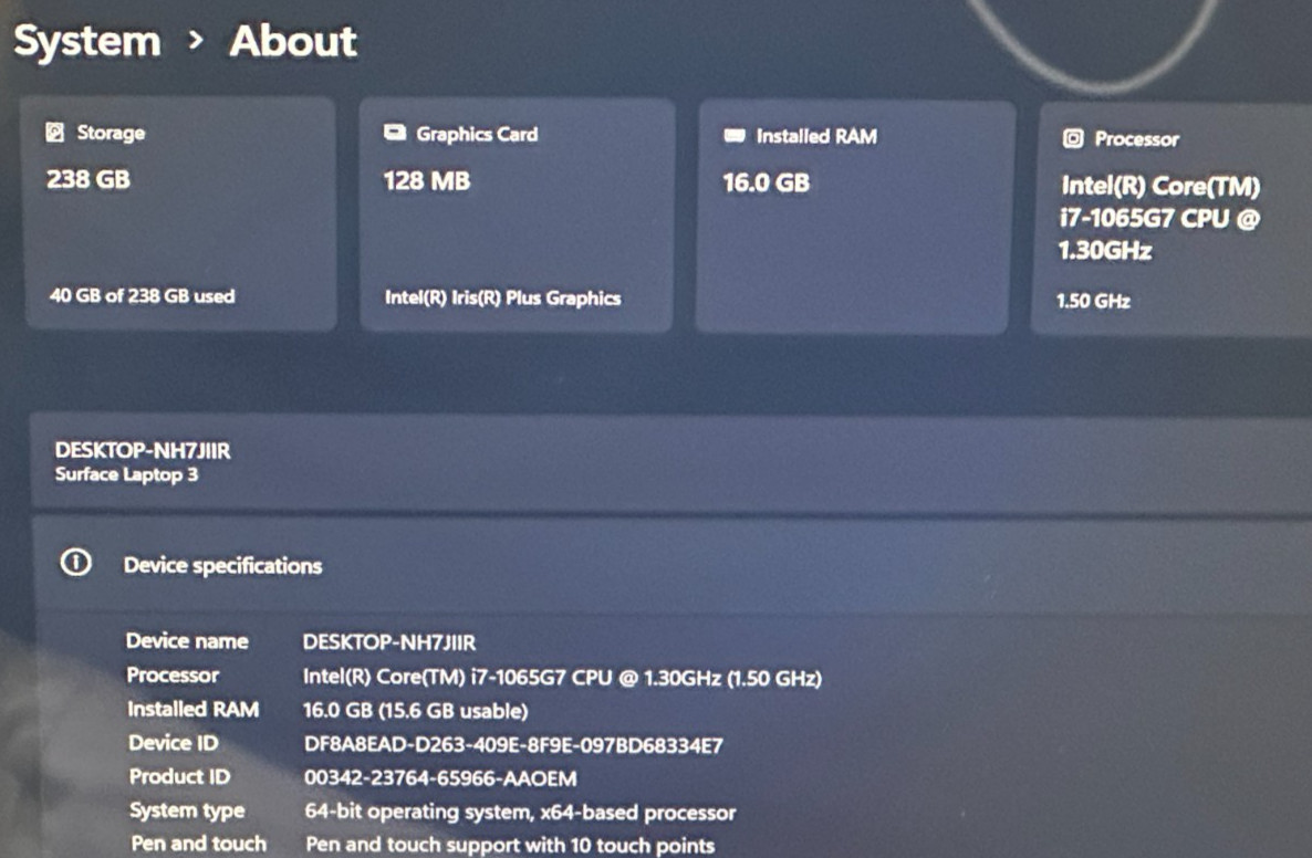 MICROSOFT SURFACE LAPTOP 3 CORE i7-1065g7 @ 1.30Ghz 16GB RAM 245GB SSD (lp580)