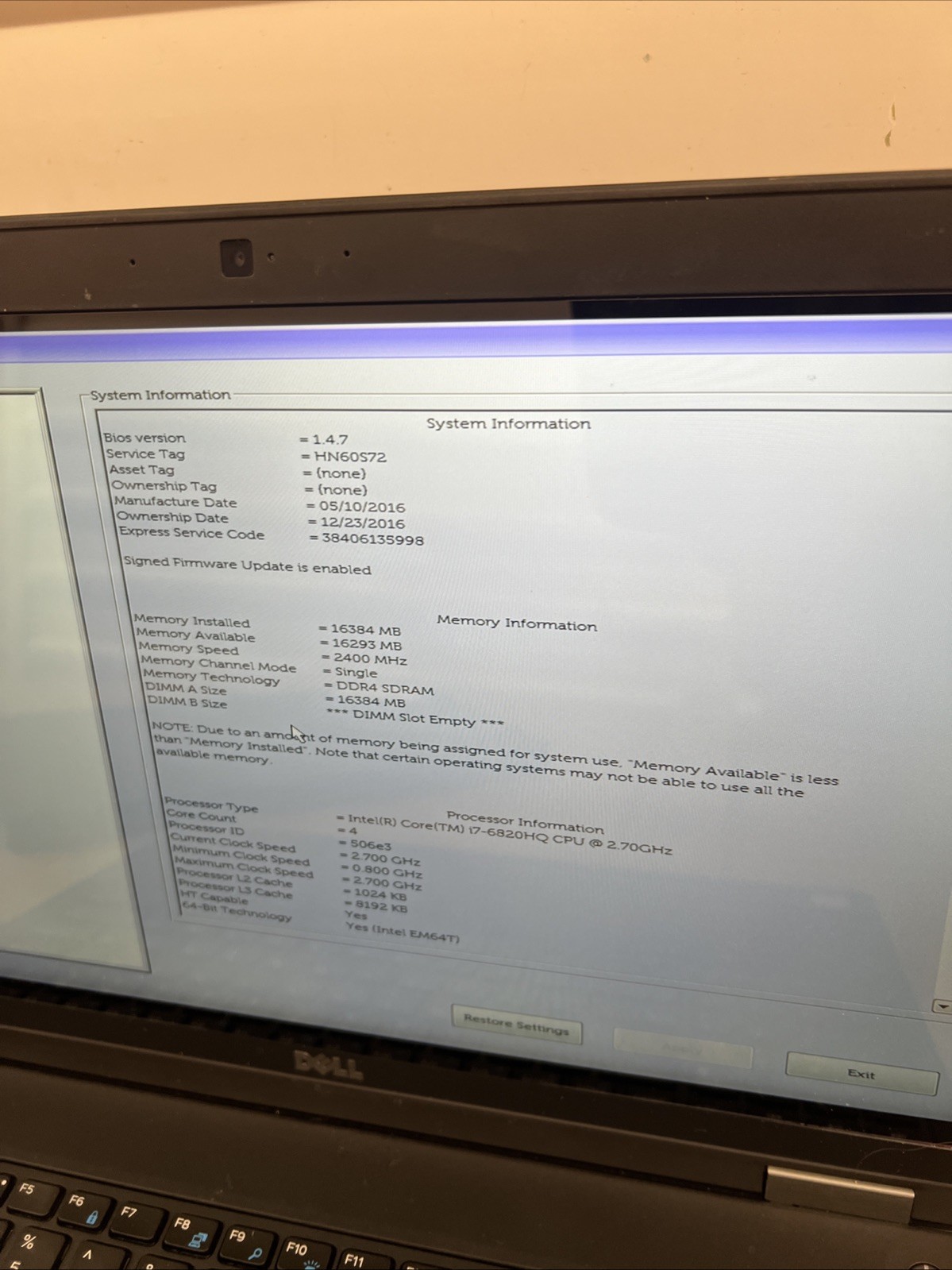 Dell Latitude E5570 Intel Core i7-6820HQ 2.70GHz 8GB RAM 250GB SSD Win11Pro