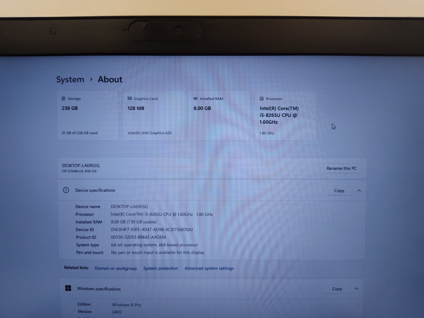 HP ELITEBOOK 840 G6 14″ Intel Core i5-8265U 1.60GHz 8GB RAM 238GB