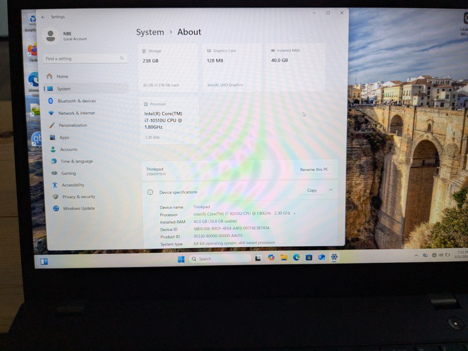 Lenovo ThinkPad T15 Gen 1 15.6″ I7-10510U 40GB & 256gb Nvme. Removable Ram. Win