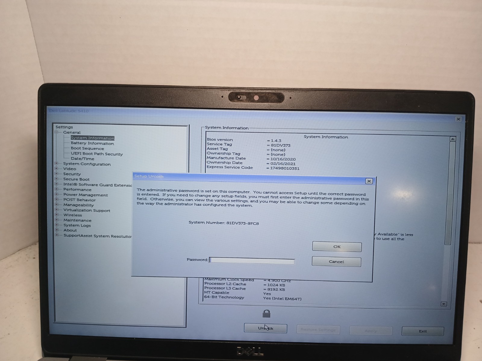Dell Latitude 5410 14″ Laptop i7-10610U 4GB No SSD/OS! BIOS PW!! #97