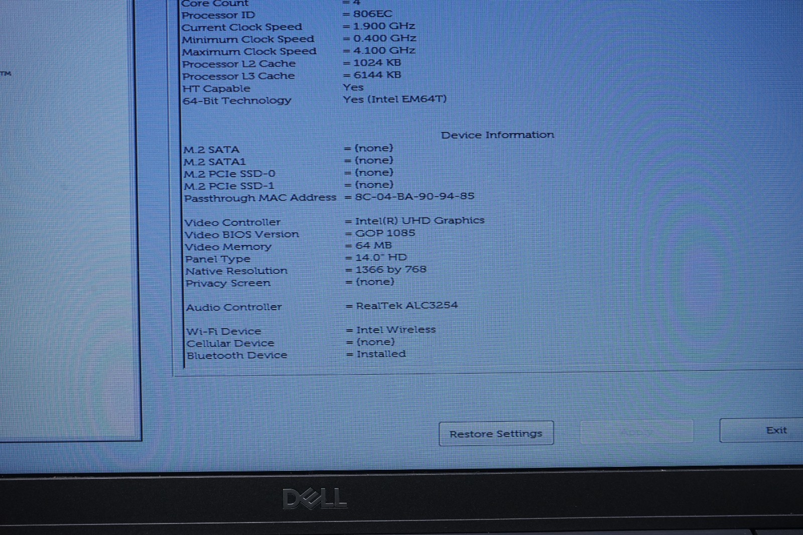 Dell Latitude 7400 – Intel Core i5-8365U @1.60GHz 8GB RAM – No SSD