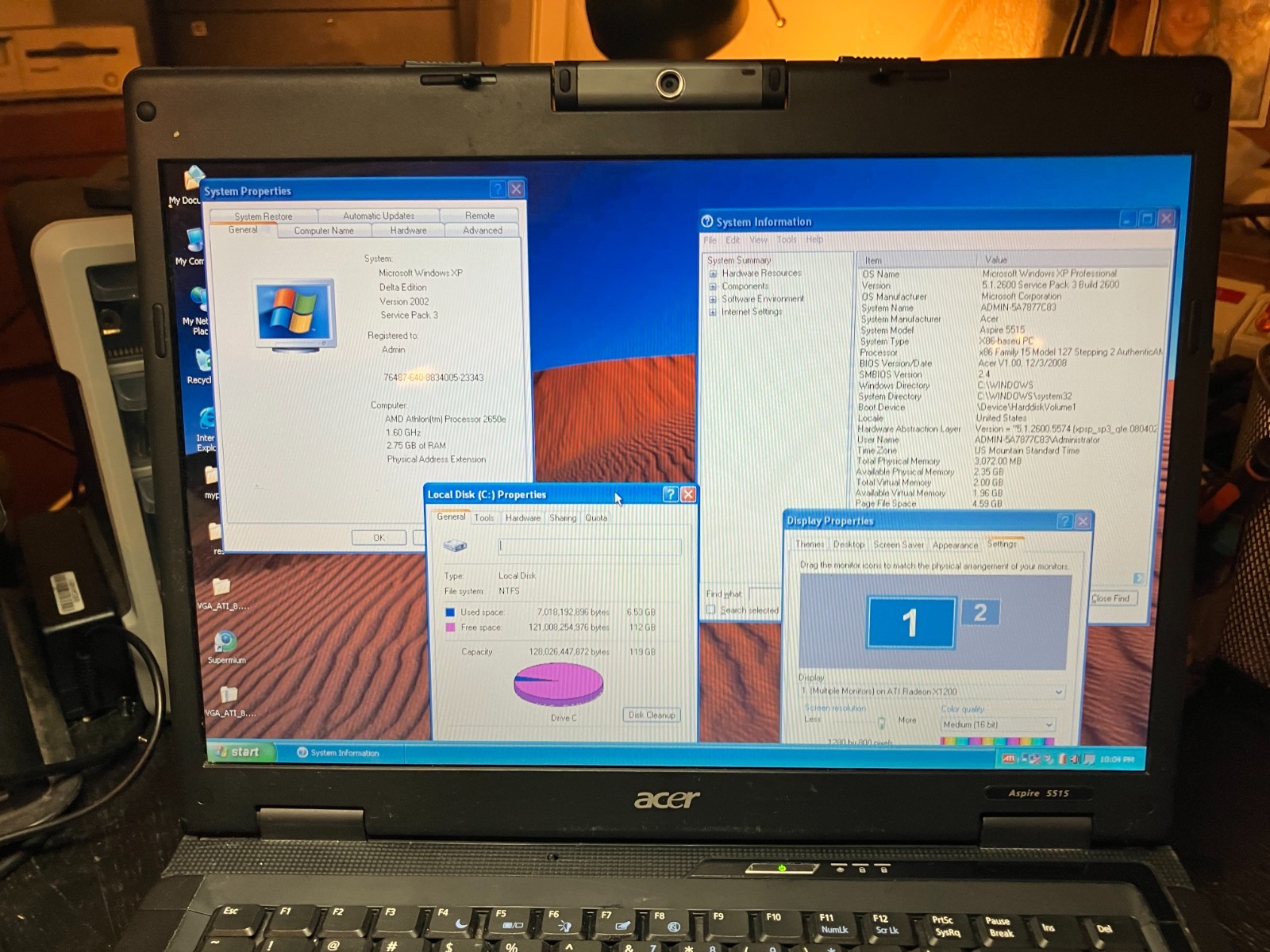 Acer Aspire 5515 Vintage Laptop 15″ Athlon 1.6GHz 3GB RAM 120GB SSD w/Cam Win XP